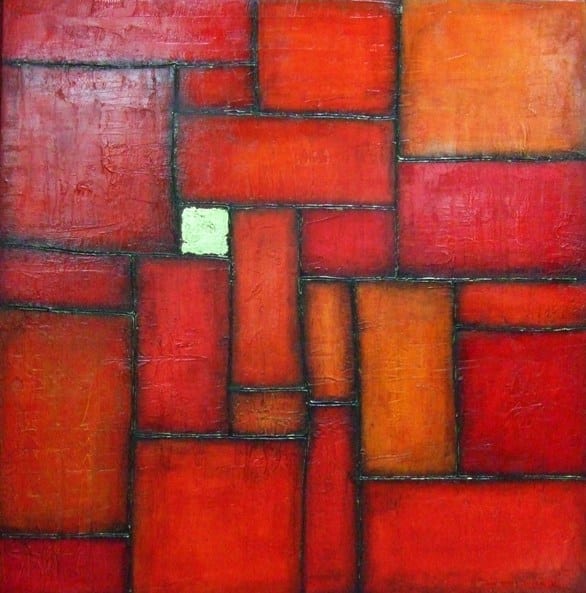 This painting was made by carving out squares and rectangles in the texture before leaving it to dry and painting.