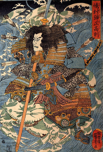 Ukiyo-e print of Shimamura DanjoTakanori riding the waves on the backs of crabs by Utagawa Kuniyoshi.