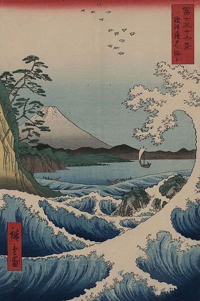 Hiroshige's woodblock print of the view of Mt. Fuji from Satta Point and a tidal wave in Suruga Bay. Printed posthumously in 1859.