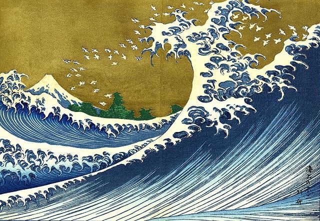A colorized version of Hokusai's print of the great wave off Kanagawa.