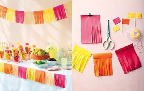 These tissue paper garlands are fringy, fun, and easy. All you need is tissue paper, tape, scissors, and twine.