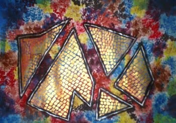 The painting has been completed by adding a dotted metallic texture to those five shapes,complementing the background.