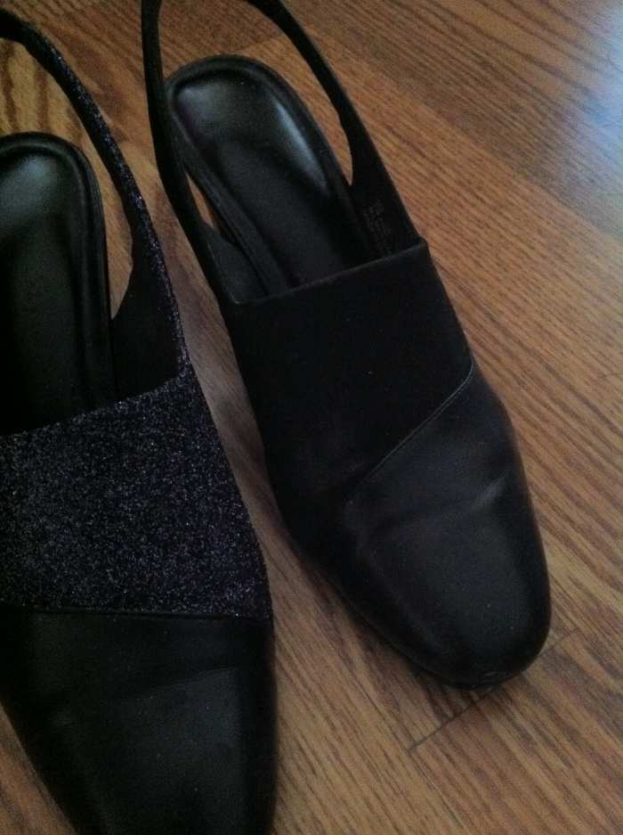 Another before and after shot of the old felted shoe and the "new" glittered shoe in natural light.