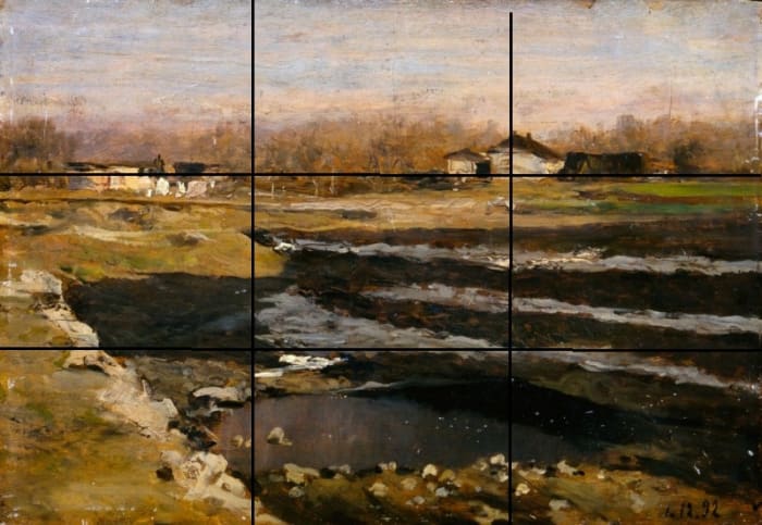Note how in this painting by Lorenzo Delleani the house is on a soft spot, and the lines of thirds were used as a guide for the horizon and other lines on the landscape.