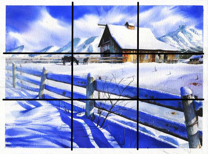 Example of the use of the rule of thirds along with other compositional structures.