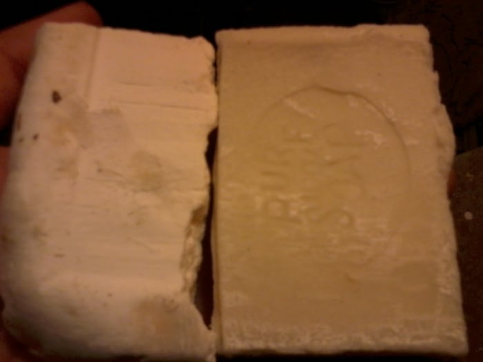 The soap on the left is my standard recipe, uncolored. You can see the subtle difference in the soap on the right, colored with bergamot tea.