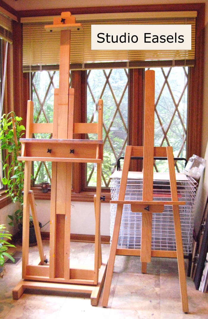 It's best to keep your works-in-progress at an angle. Either a stand-up easel or a table-top one will work. Pictured here an H-frame easel (left) and an A-frame easel (right).