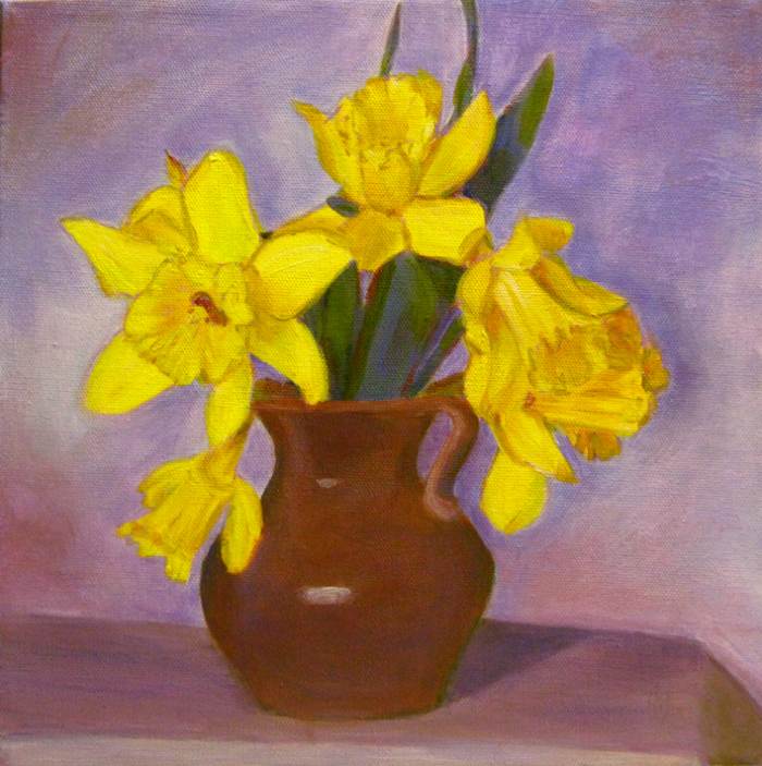 Daffodils, Acrylic on Canvas by Robie Benve. An example of use of complementary colors (opposites on the color wheel) like yellow and violet. (the source link is to my blog)
