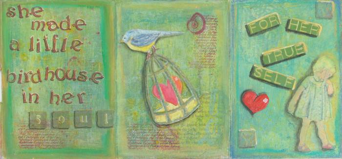 I drew the birdcage and heart and glued them. Look closely, you can also see some printed text under the cage. "For her true self was printed out, colored, and pasted on to the page. The little girl came from a vintage woman's magazine.