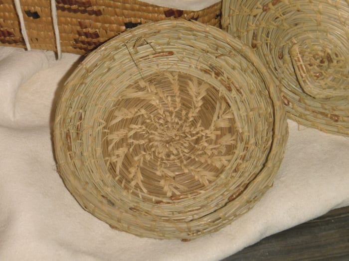 Traditional Interior Salish basket woven from pine needles, on display at the House of Learning at Thompson Rivers University, Kamloops.
