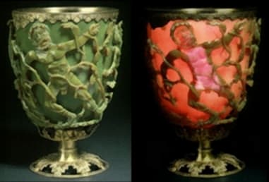 The cup is green when viewed when light come from outside the cup and red when the light comes from inside the cup.