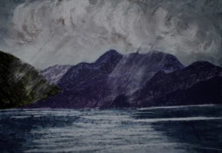 This painting is a further example of the technique, shafts of light coming through threatening clouds on the mountains around a scottish loch.