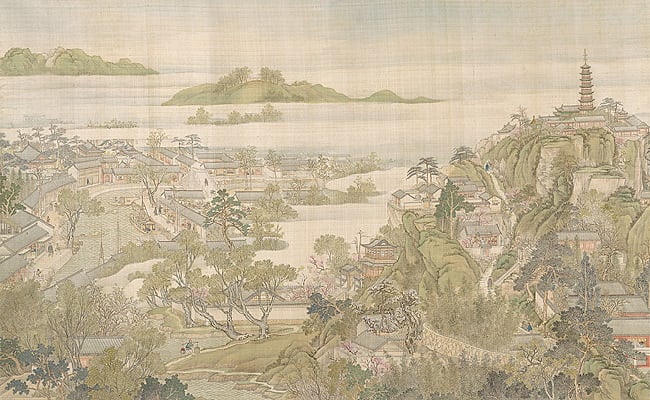 "Entering Suzhou and the Grand Canal" by Qing era court painter Xu Yang (active 1750-1776). This is the sixth scroll from the series and shows the Western influence on Chinese painting of the time.