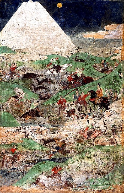 A painting by an unknown Japanese painter that uses the all the basic elements of a sansui painting - with a twist. It features a bloody battle being fought on the landscape at the base of the mountain, which is in the foreground!