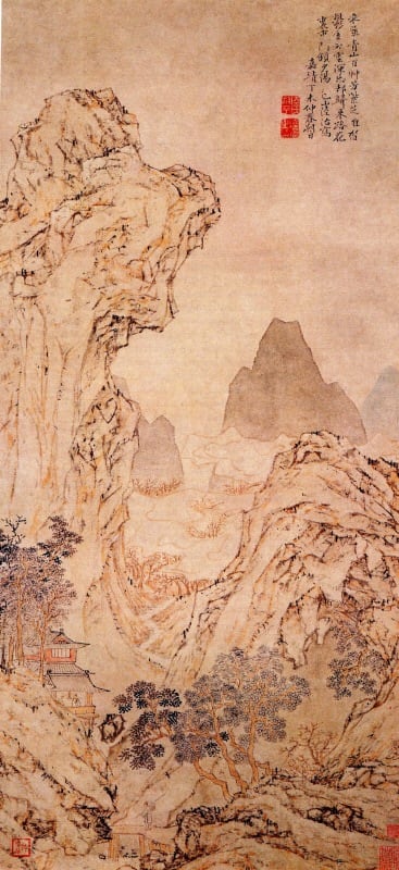 "In the Mountains to Collect Herbs" by Ming painter Lu Zhi (1409-1576). Note the tiny man and pathways in the midst of the massive, foreboding mountainous landscape with its detailed features.