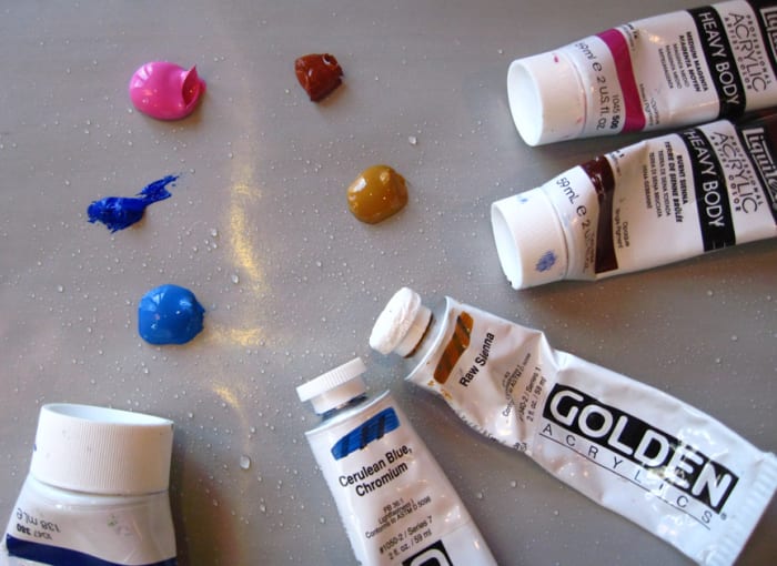 My color palette: Ultramarine Blue, Cerulean Blue, Raw Sienna, Burnt Sienna, Medium Magenta.