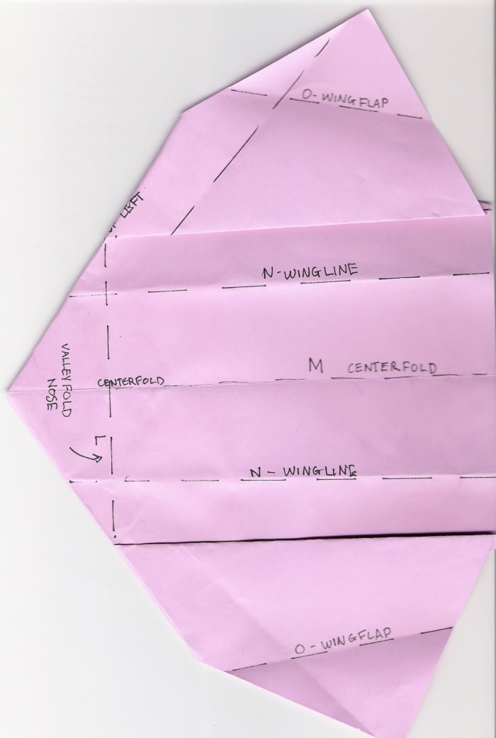 With paper turned over: L. Fold nose M. Valleyfold center line N. Fold wings O. Fold wing flaps