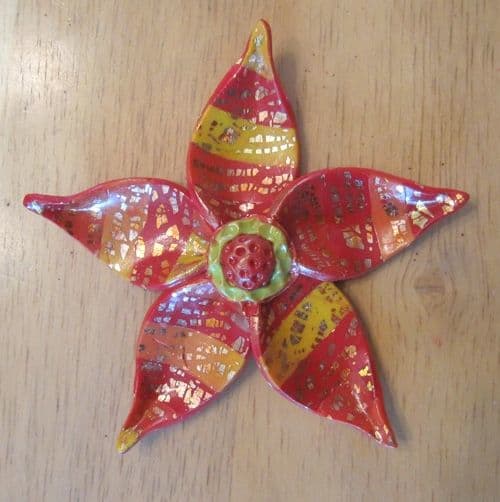 The assembled polymer clay flower, before highlighting the center with Pearl-Ex mica powder pigment