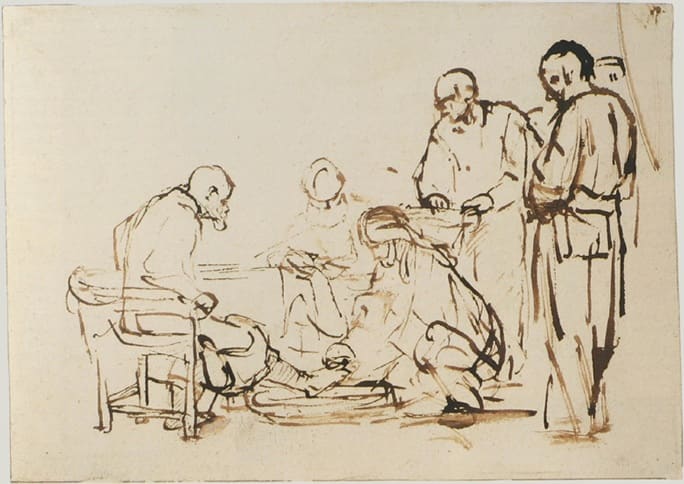 Great use of diagonals in the action of The Washing of the Feet, while the horizontal and vertical elements convey calm and thoughtfulness.Rembrandt 1640-1649, pen and brown ink on paper.