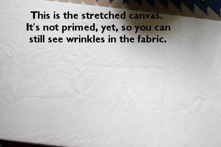 The next step is to prime your canvas with gesso. Here, the canvas is still unprimed and has wrinkles. The gesso will take care of that.