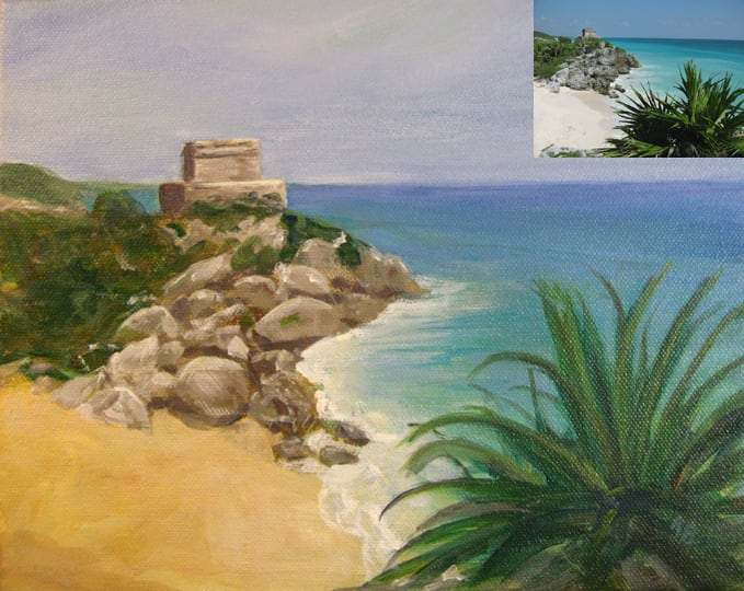 Example of a painting I did from a photo I took, shown in the upper right corner. -- View of Tulum, 8"x10"