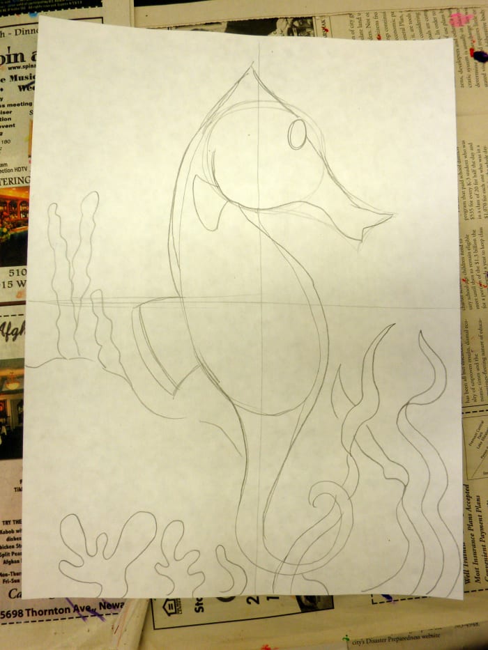Congratulations - Your basic seahorse shape is finished. Now you can change curves, add details and define your seahorse using the original lines that your drew. Also draw in your seahorses eye. You can also add the seahorses habitat to your drawing.