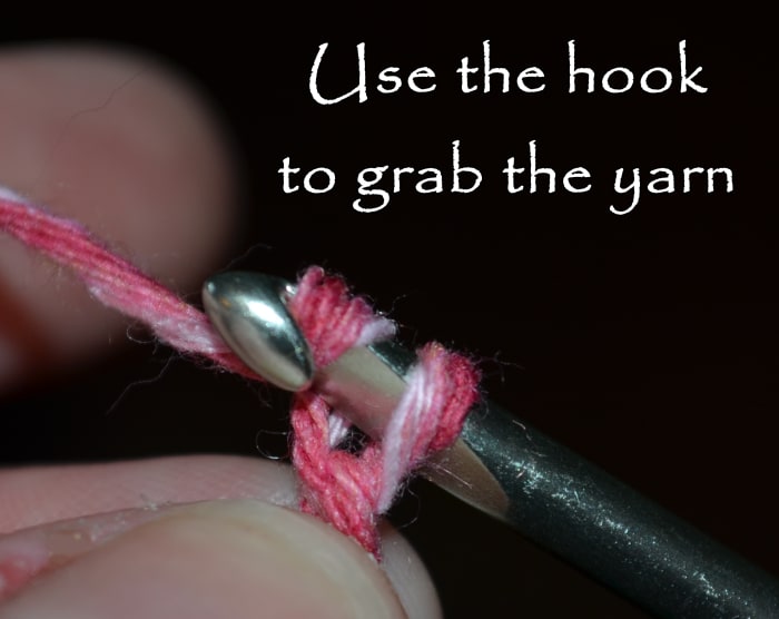 Use the hook to grab the yarn and pull it through the loop that is already on the hook.