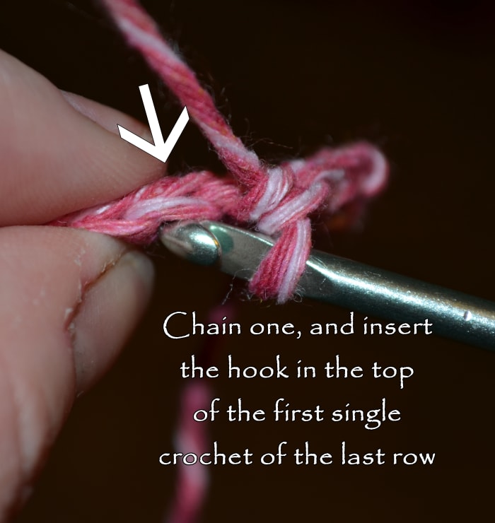 Chain one, and insert the hook in the top of the first single crochet of the previous row.