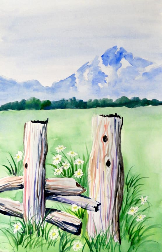 Notice the sky is painting all the way down to the tree line. The blue mountains make the snow look white but it is really sky blue.