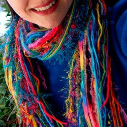 Very simple project - cut lengths of sari yarn with other ribbons and yarns to create a simple yarn scarf with no sewing required.