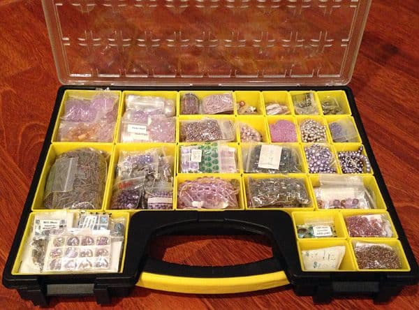 A small parts organizer is a great way to store and organize large bead collections by color.