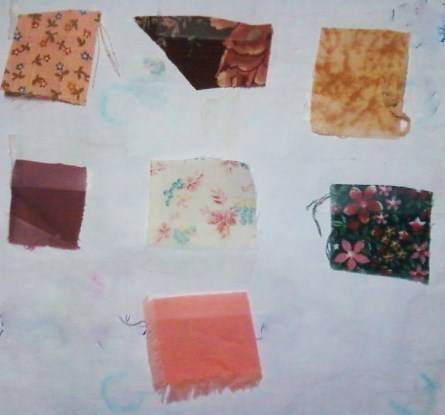Pink print (top left), large print on cranberry (top center), speckled golden brown (top right), rose (center left), light print (center), dark small flower print (right center), and salmon.