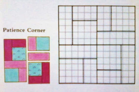 The block shown uses four fabrics: one print, a solid of the same color, and light and dark near compliments. Four quarter blocks are positioned with two squares at the center and two squares on the outside corners for a 12" finished block.
