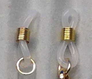 Eyeglass holder ends attached to jump rings. The jump ring on the right has been attached to the chain with one of the lobster claw clasps.