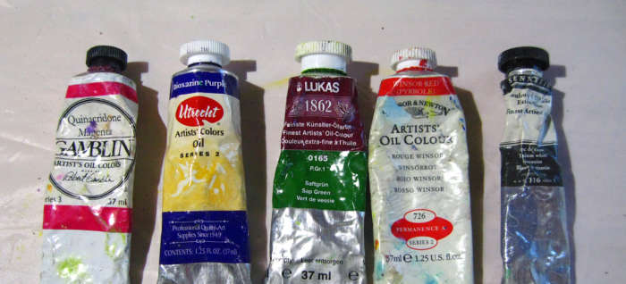 A sample of the oil paints that I use. From left: Gamblin, Utrecht, Lukas, Windsor & Newton, and Sennelier. They are all artist quality and inter-mixable.