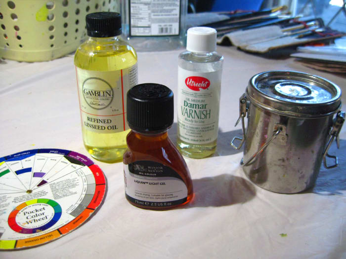 Some of my tools and media. What I can't do without are the color wheel and the stainless steel container for thinner. The refined linseed oil, Liquin, and Damar varnish are optional.