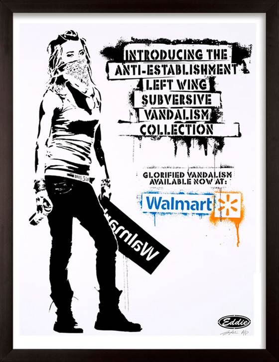Californian Artist Eddie Colla had his artwork stolen by Walmart and sold as a “Banksy” print. In order to reclaim his artwork, he created a limited edition print called “It’s Only Stealing If You Get Caught” to fund legal fees in the case.