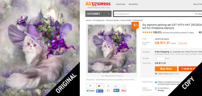 An artist's worst nightmare: Colorado Artist Carol Cavalaris' painting of "Cat In Easter Lilac Hat" was stolen by AliExpress and is now being sold as a kit so that anyone can reproduce it.