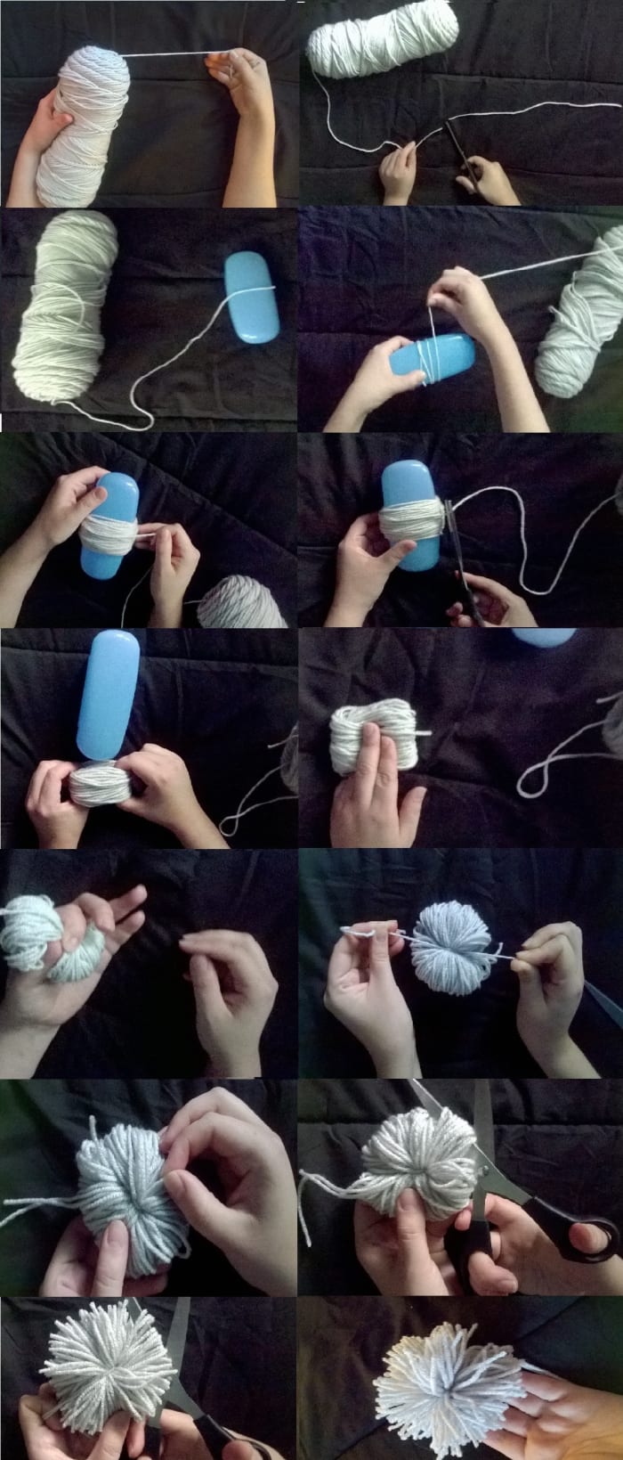 Step-by-step visual instructions on making your pom poms. To make it easier to see, a light blue glasses case was used.