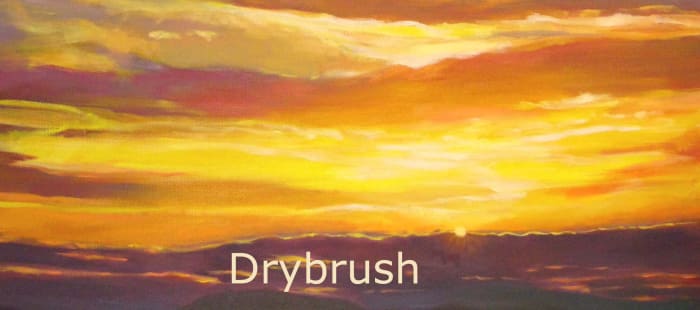 The highlights on this sunset sky are done with the drybrush technique. (painting "Thankful Ending" by Robie Benve, detail.)