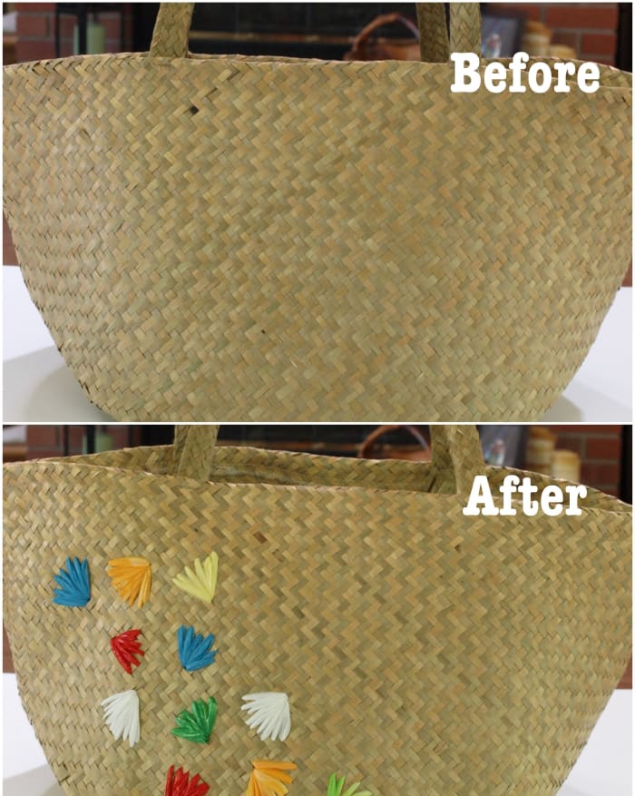 Before and after embellishing a straw bag with recycled plastic bags! A little bit of a retro look to jazz up a plain straw tote.