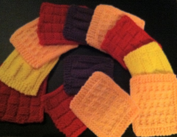 A Summary Picture with All 12 Coasters that you can make with these 3 free knitting patterns for coasters. Very pretty and colorful!