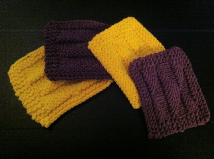 Picture of coasters for this pattern in two different colors for variety. Purple and Yellow are complimentary colors too!