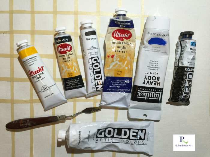 Thick paper or canvas paper. Tubes of paint (listed above) and a painting knife. Keep water and paper towels available.