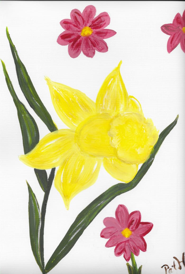 The daffodil, stem, and other flowers are painted free hand. No previous drawing has been done.