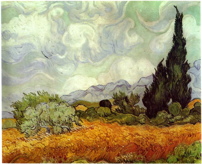 "Field with Cypresses", by Vincent Van Gogh. If you squint at this painting you can see the L shape formed by the tree and the foreground, and the diagonal line following the tree profile, the central bush, and the bottom of the bush on the left.