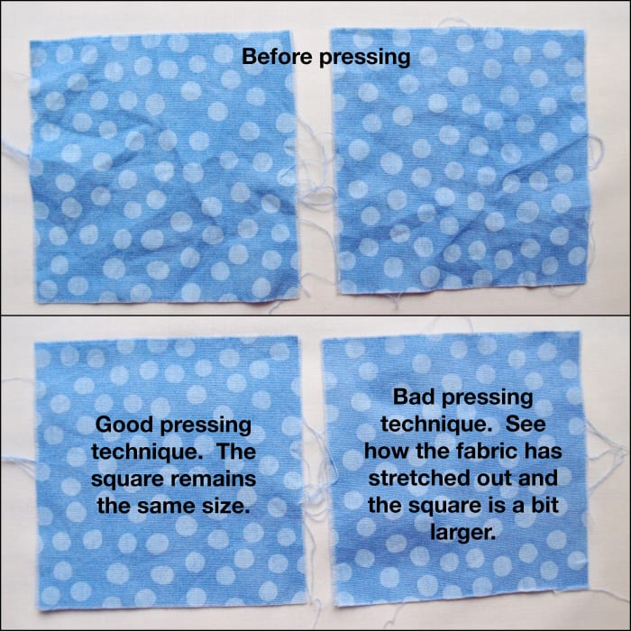It's subtle, but the fabric square on the bottom right is now slightly skewed because of bad pressing. That will make a difference when using it in a quilt block.