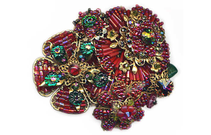 Layered, cagework beaded filigree collage brooch with vintage stones and filigree, by Margaret Schindel