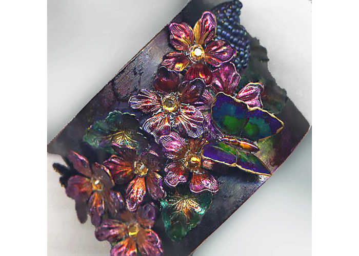 Hand-painted raw brass collage cuff bracelet, one-of-a-kind design by Margaret Schindel