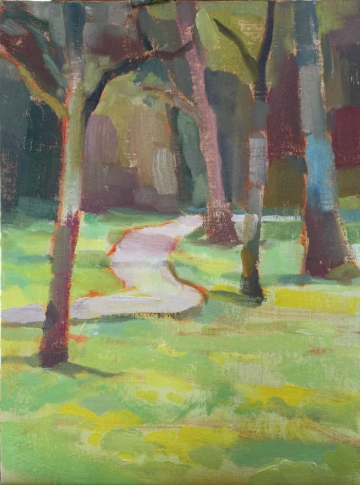 The artist carefully mixed colors, with attention to the value relationship between each trunk and the background. Is it light over light, dark over light, or light on dark? Painting demo by Joe Lombardo based on the value study above, copyrighted